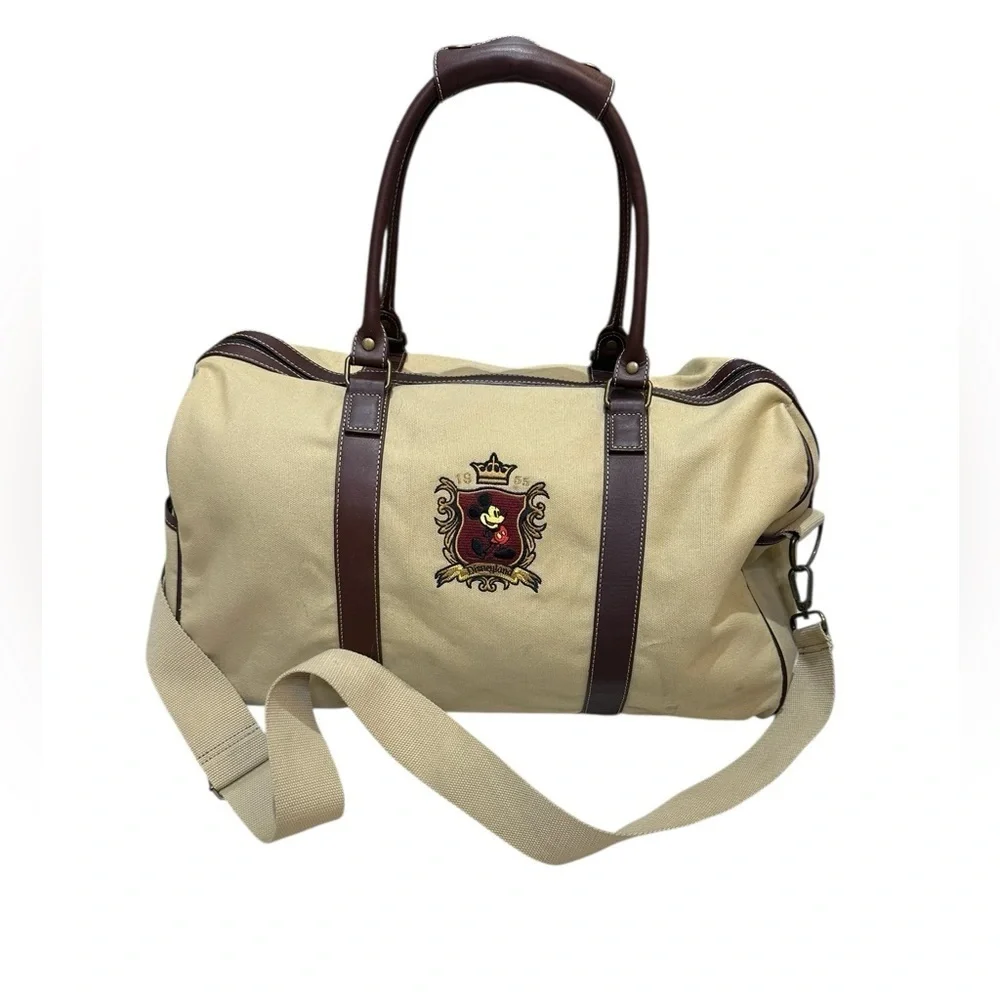 Vintage 1955 Disney Tan Canvas Duffel Bag with Leather Trim and shoulder strap